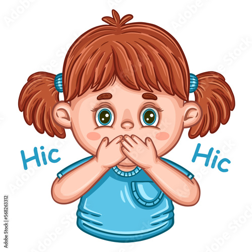 Excited girl child hiccups close mouth with hand icon. Hic sound. Breathing health problem, nausea medical disease. Surprised kid facial expression. Shock, anxious. Stop talk, silence gesture. Vector