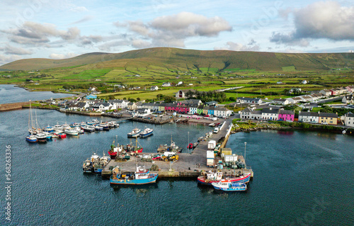 Portmagee fishing village on the Ring of Kerry Iveragh Peninsula. County Kerry, Ireland. Aerial drone view looking south photo