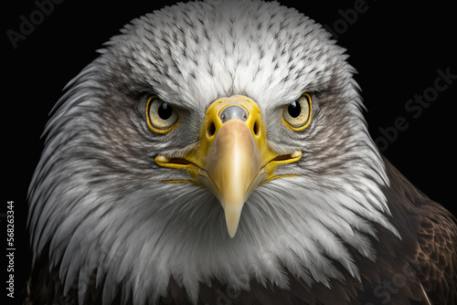 A (bald) sea eagle is seen in closeup, staring directly at the camera on a dark matte background. Generative AI
