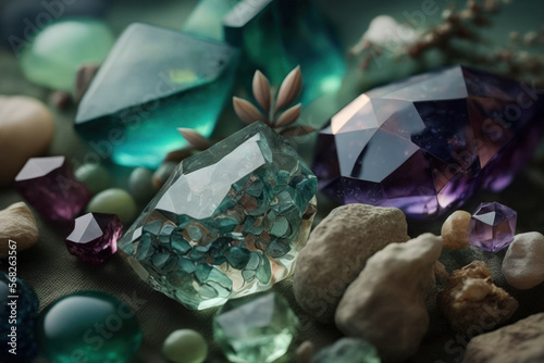 Gemstones and minerals on an enigmatic natural backdrop. Close up of fluorite quartz crystals. Magical healing gemstones for witchcraft and crystal ritual. soul relaxation, Reiki therapy, and spiritua photo