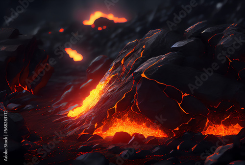 lava flowing near a volcano, generative ai © Kitten Monster