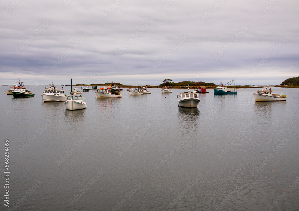 Fishing boats in the Atlantic Ocean in Kennebunkport, Maine, USA.