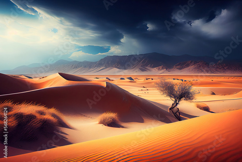 desert landscape with shrubs, dunes, mountains in background