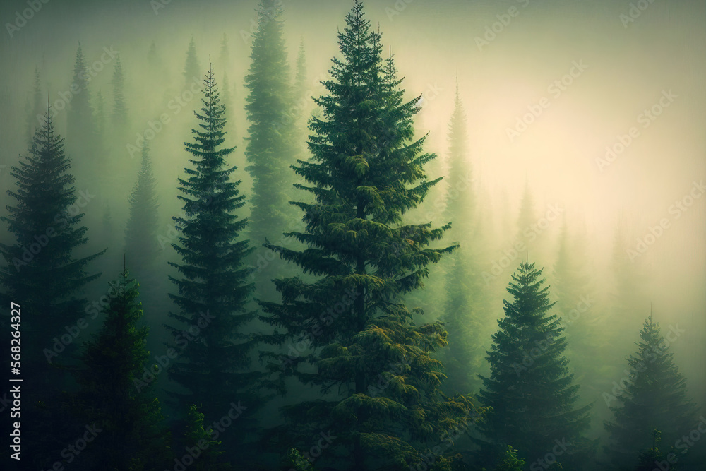Fototapeta premium Old growth spruce, fir, and pine trees in a forest. Healthy green trees. Sunrise spruce trees in the coniferous woodland down the hill in the fog. Generative AI