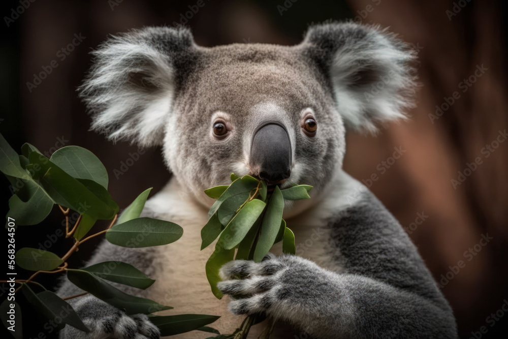 Obraz premium A koala enjoying his eucalyptus while eating it. Generative AI