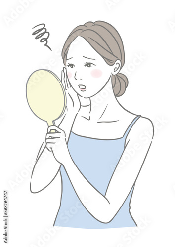 お肌のトラブルに困る女性 手鏡を見る女性