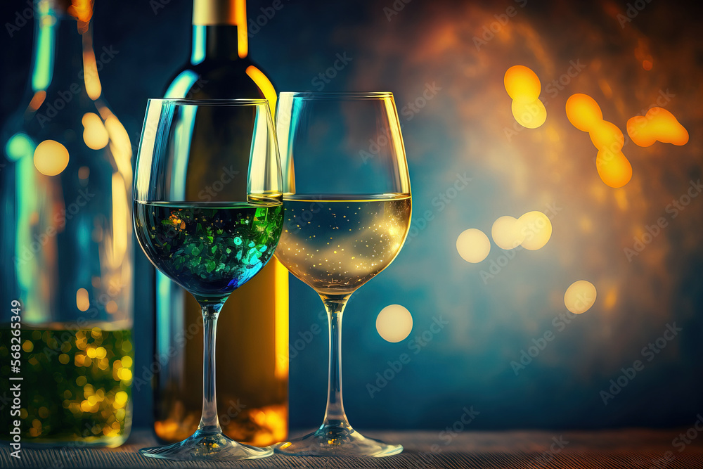 Two white wine glasses are filled from a bottle in a close up shot with copy space over an ethereal background of brown and blue. Generative AI