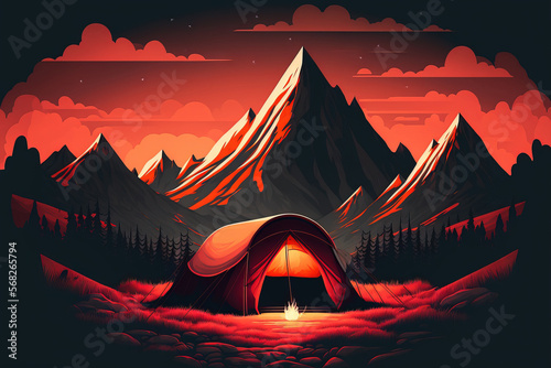 Mountainous area with a glowing orange tent and a striking evening sky. Mountains in the background and a red sunset. summertime setting Panorama. Generative AI