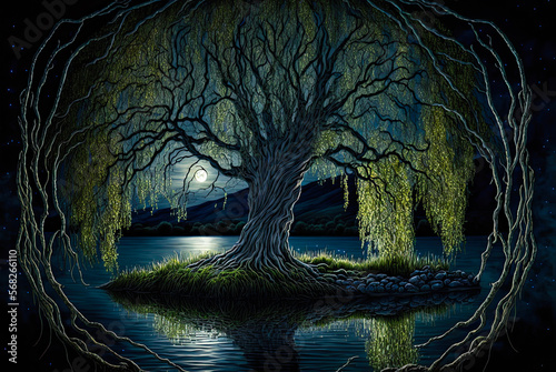 Irish landscape, weeping willow tree overhanging water, night, moon Fototapeta