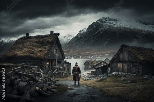 Vikinger Dorf im Winter, moody, cinematisch, erstellt mit generativer AI
