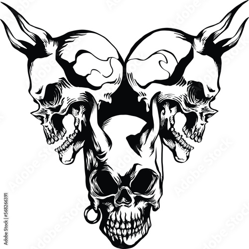 Skulls human tattoo design devils horns unique creepy horror demons label logo tribal