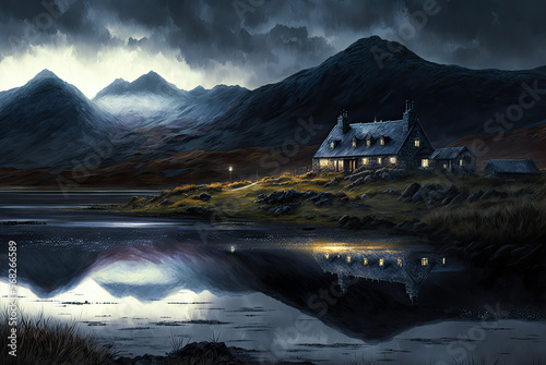 Irish landscape, house on a lake. Generative AI