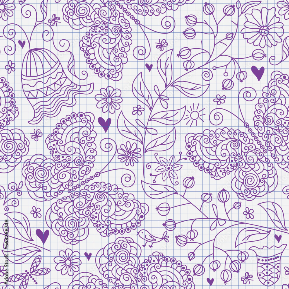 Vector seamless monochrome drawing in a school checkered notebook with butterflies and hearts