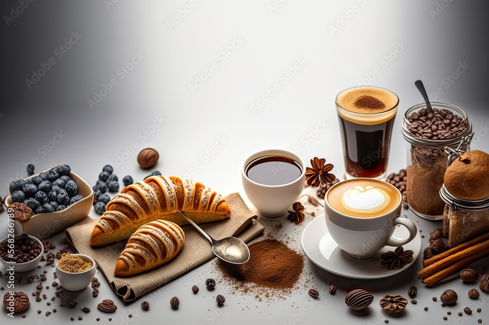 Coffee Lovers' Breakfast: Enjoy Espresso, Latte, Iced Coffee, Chocolate, Beans & Sugar. Photo AI - obrazy, fototapety, plakaty 