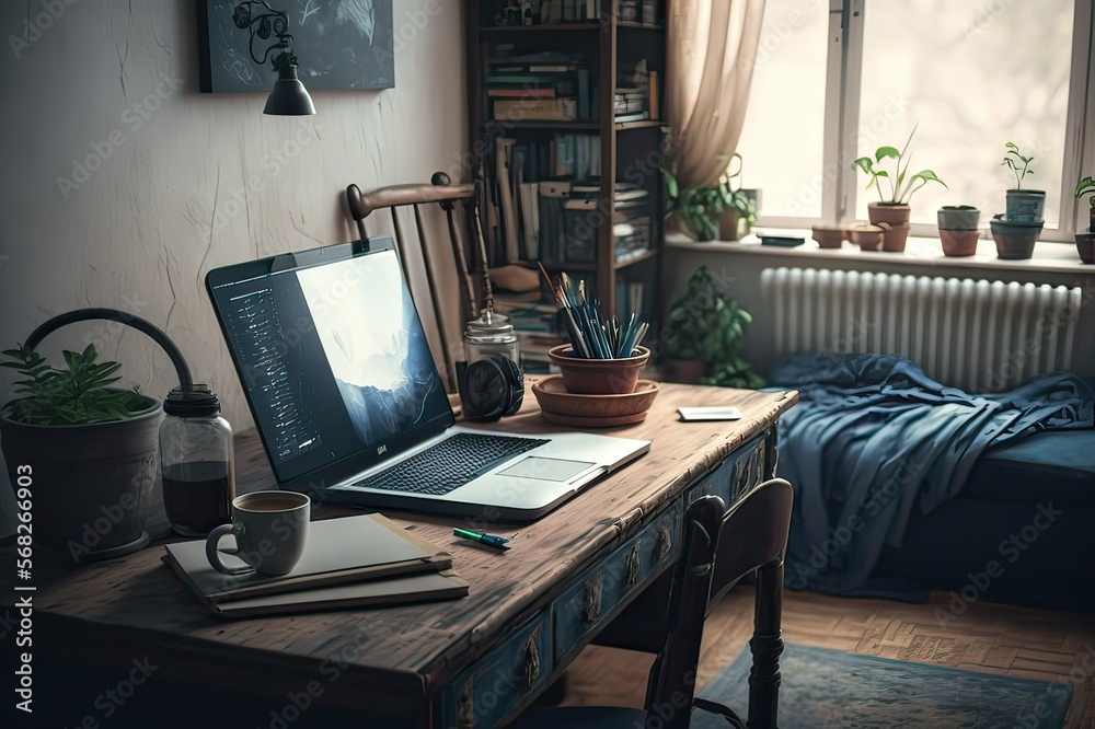 Fototapeta premium Welcome to My Home Office: A Cropped Shot of Technology & Notebook on Desk, Daytime Coffee. Photo AI