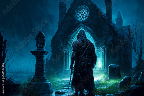 Irish landscape, man in cemetery at night, glowing church, fantasy. Generative AI