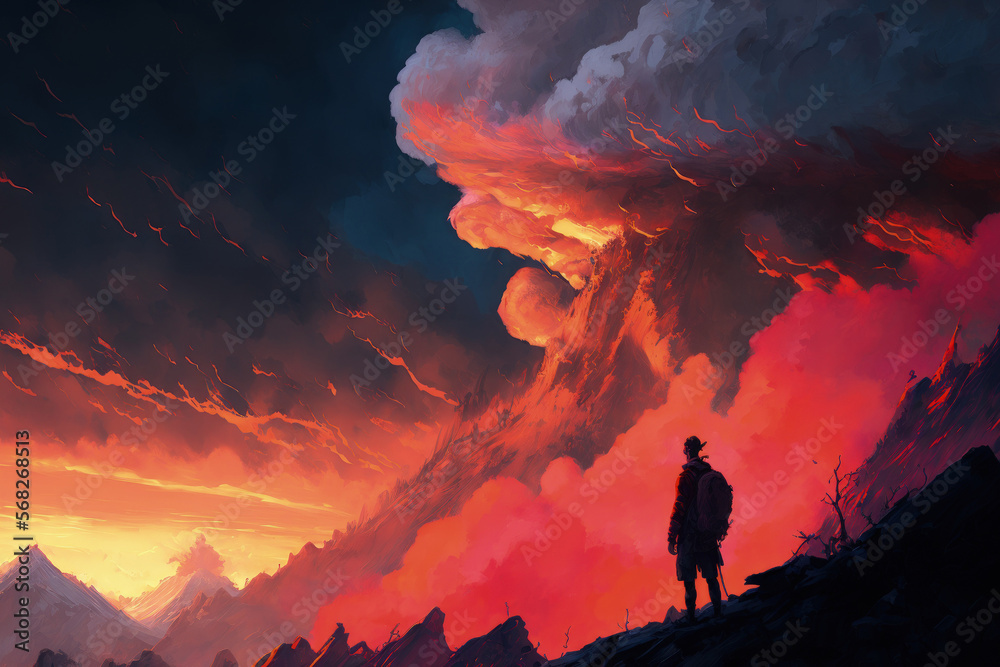 digital art style painting of a survivor gazing at the massive blazing clouds while perched atop a mountain. Generative AI