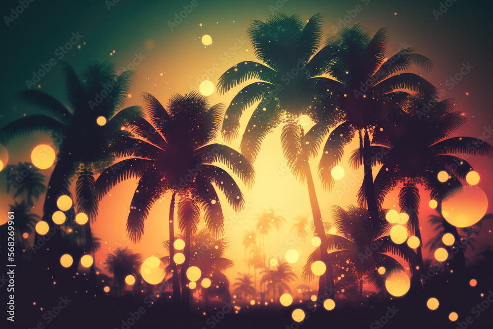 Summer Vacation Silhouette Tropical Palm Trees At Sunset With Vintage Tone And Bokeh Lights. Generative AI