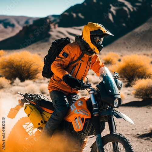 motorcyclist traveling through the desert with his motorbike generative AI