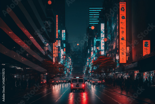 Tokyo night street buildings vehicle neon lights