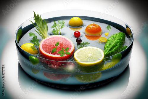 Fruits and vegetables in a dish beneath water, isolated. Before cooking, wash any raw food. health and hygiene regulations. Generative AI