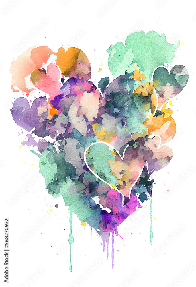 Abstract watercolor painting Hearts Reverse Coloring Page Generative AI