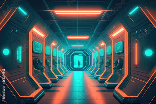 The spectacular hallway of the space station or the space ship's futuristic interior lit by light blue neon. Brutal illustration. Generative AI © AkuAku