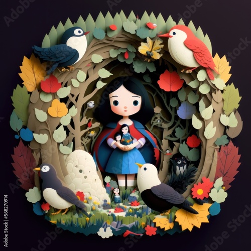 Canvas Print Snow white and the Seven dwarfs Fairy tale paper cut story, style on colors, gen