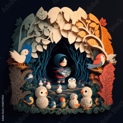 Photo Snow white and the Seven dwarfs Fairy tale paper cut story, style on colors, gen