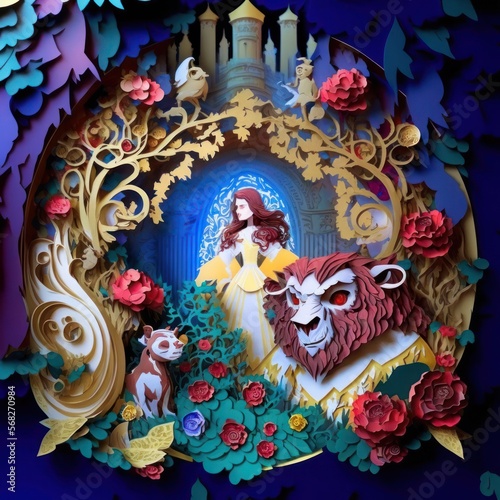 Beauty and the Beast Fairy tale paper cut story, style on colors, generative by AI