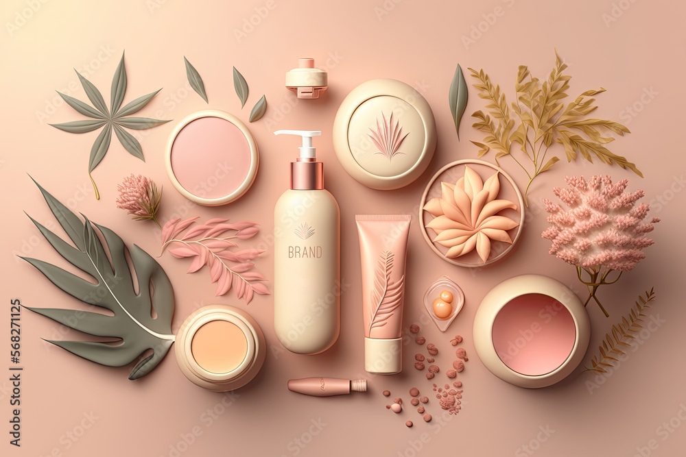 Flat lay with 3d bottles, showcasing cream, lotion, face powder. Perfect for natural cosmetic product display or ad template of nature cosmetics on pink background with plants, flowers. Generative AI. Flat lay with 3d bottles, showcasing cream, lotion, face powder. Perfect for natural cosmetic product display or ad template of nature cosmetics on pink background with plants, flowers. Generative AI.