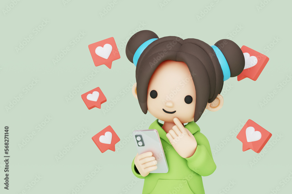girl character holding smartphone with love bubbles around it 3d render, 3d illustration girl character holding smartphone with love bubbles around it 3d render, 3d illustration