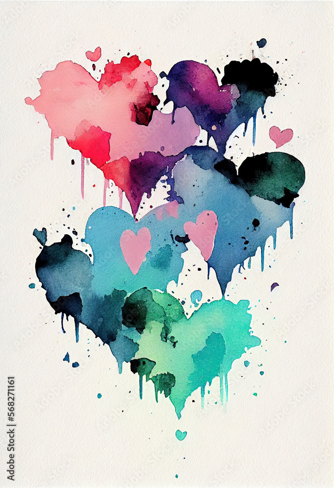 Abstract watercolor painting Hearts Reverse Coloring Page Generative AI