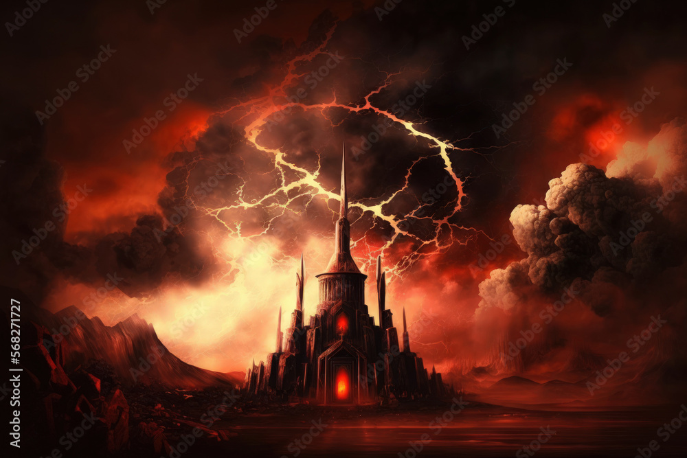 Dramatic religious backdrop Armageddon conflict, end of the world, judgement day, hell realm, blinding lightning in a dark red sky. Generative AI