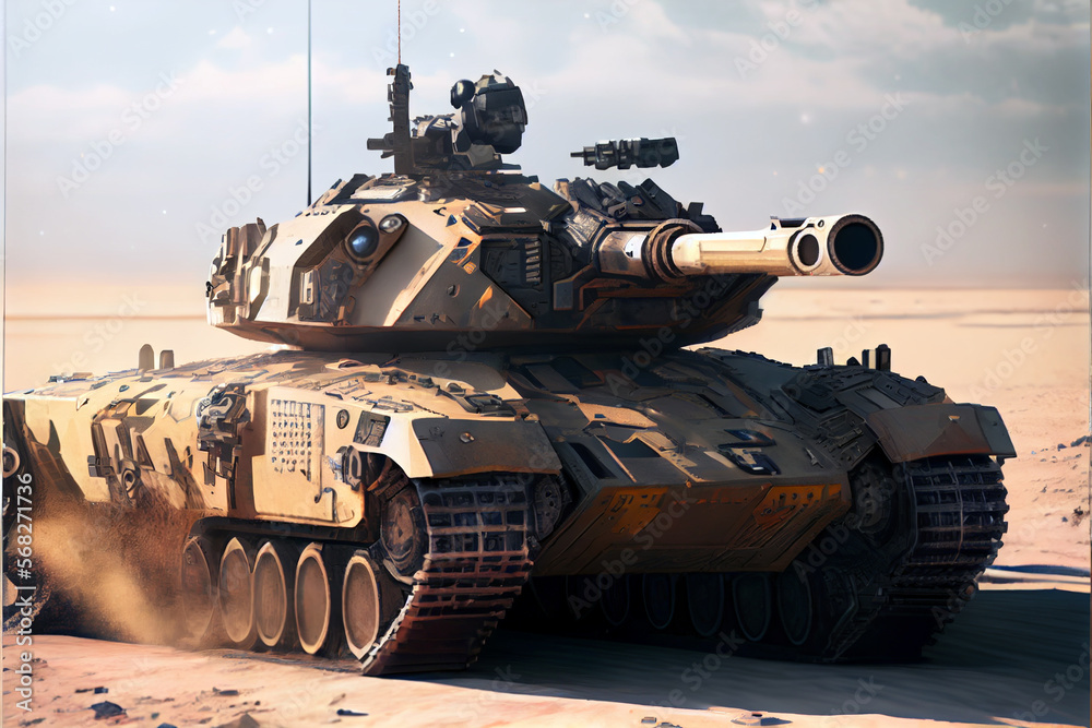 Modern combat tank on desert. Digital art style. Generative AI illustration