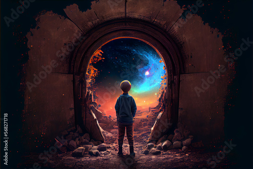 Young boy standing in front of portal. Digital art style. Generative AI illustration