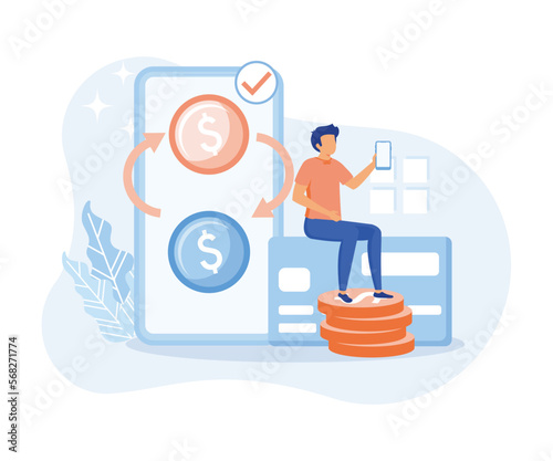 Financial illustration. Characters paying online and receiving bonus money or reward back on credit card. Cashback, financial savings and money exchange concept. flat vector illustration