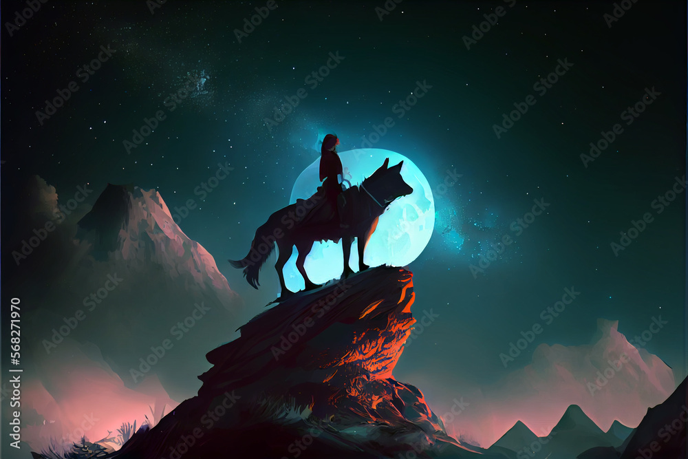 Woman riding the wolf standing on top of a mountain. Digital art style. Generative AI illustration