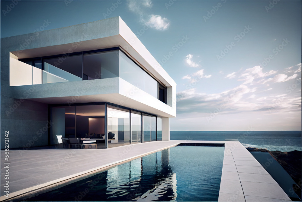 Beautiful and luxury residential villa with modern architecture, swimming pool and sea view. Generative AI illustration - obrazy, fototapety, plakaty 