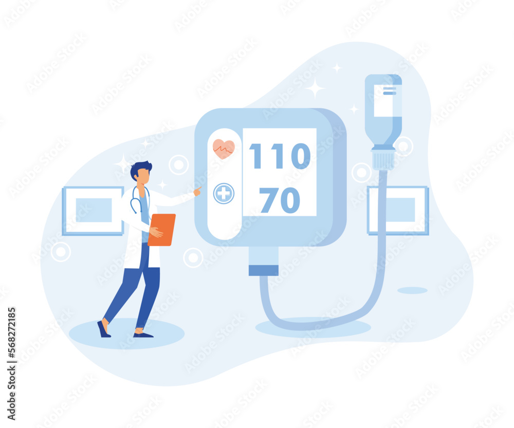 Heart disease screening and diagnostic illustration. Doctor checks blood pressure and examine cardiogram and pulse on EKG monitor. Healthcare and medicine concept. flat vector illustration