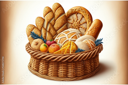 a white background with a composition of bread and rolls in a wicker basket. Generative AI