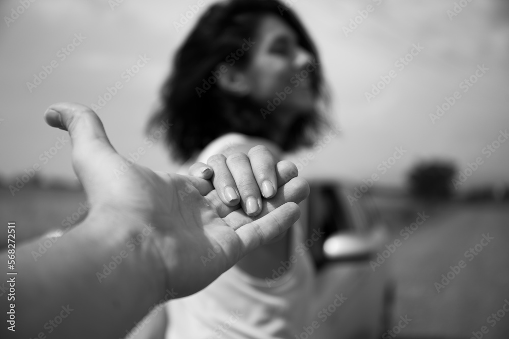 person with hands on face. Couple hands. Car. Happy day. Smile woman face