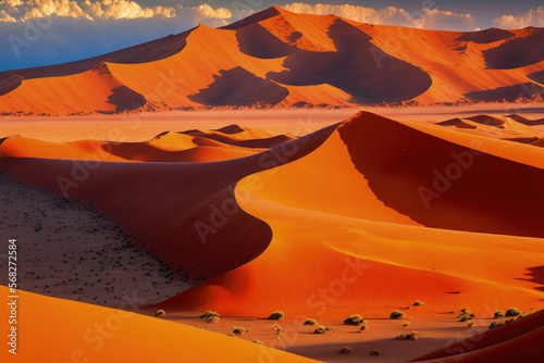 Namibia's Namib Naukluft National Park has a stunning scene of orange sand dunes and orange sand in the namib desert near Sossusvlei. Generative AI