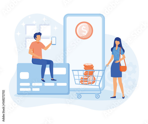 Financial illustration. Characters paying online and receiving bonus money or reward back on credit card. Cashback, financial savings and money exchange concept. flat vector illustration