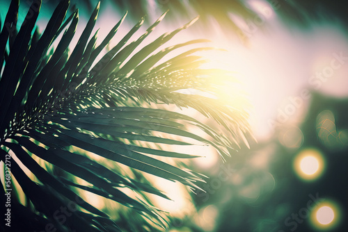 Beautiful nature green palm leaf blurred against an abstract bokeh sun light wave background on a tropical beach. Summer vacation and business travel concept copy space. color style with a vintage ton