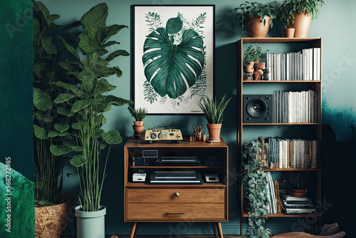 A vintage, wooden bookcase and a hipster home office desk with a desktop computer can be found in a plant filled, green, trendy living room. Generative AI photo