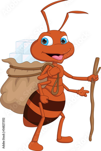 cartoon cute ant carrying a lot of sugar