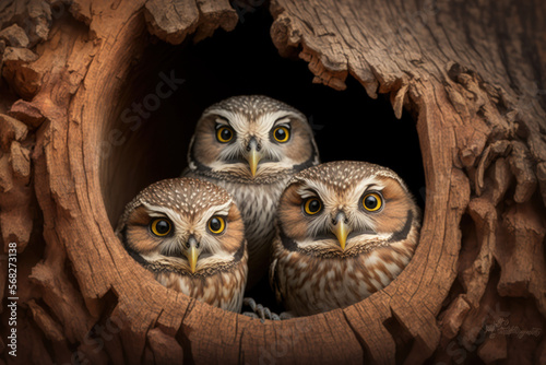 In a tree's hollow, three small owls are standing forward. Little Owl refers to the species rather than the owl's size. Athene noctua is its scientific name. Horizontal. Room for copy. Generative AI