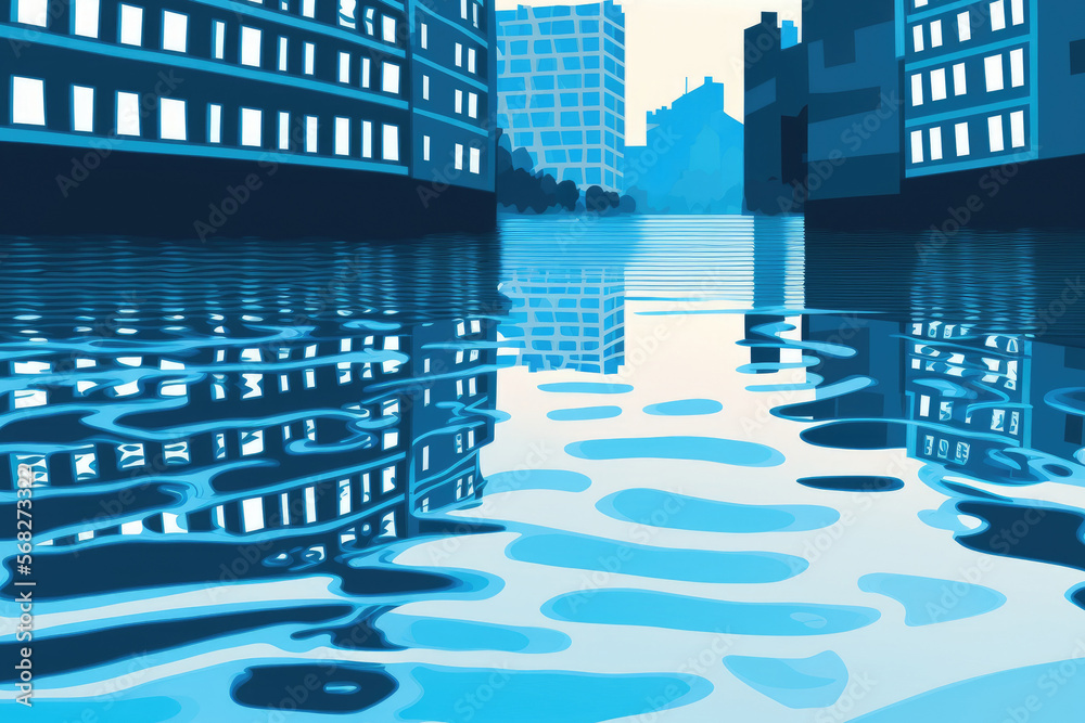 Background of blue water reflection. Water with abstract reflection and examination features. Elements of the city, buildings, and homes were warped by the river. Water with ripples. unorganized water