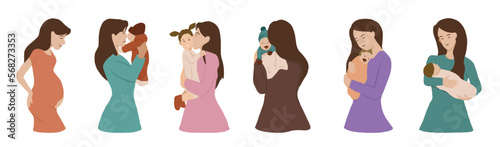 set of cute mother and newborn baby, child. full of love and care. Mom and child embracing each other. isolated vector flat illustration.